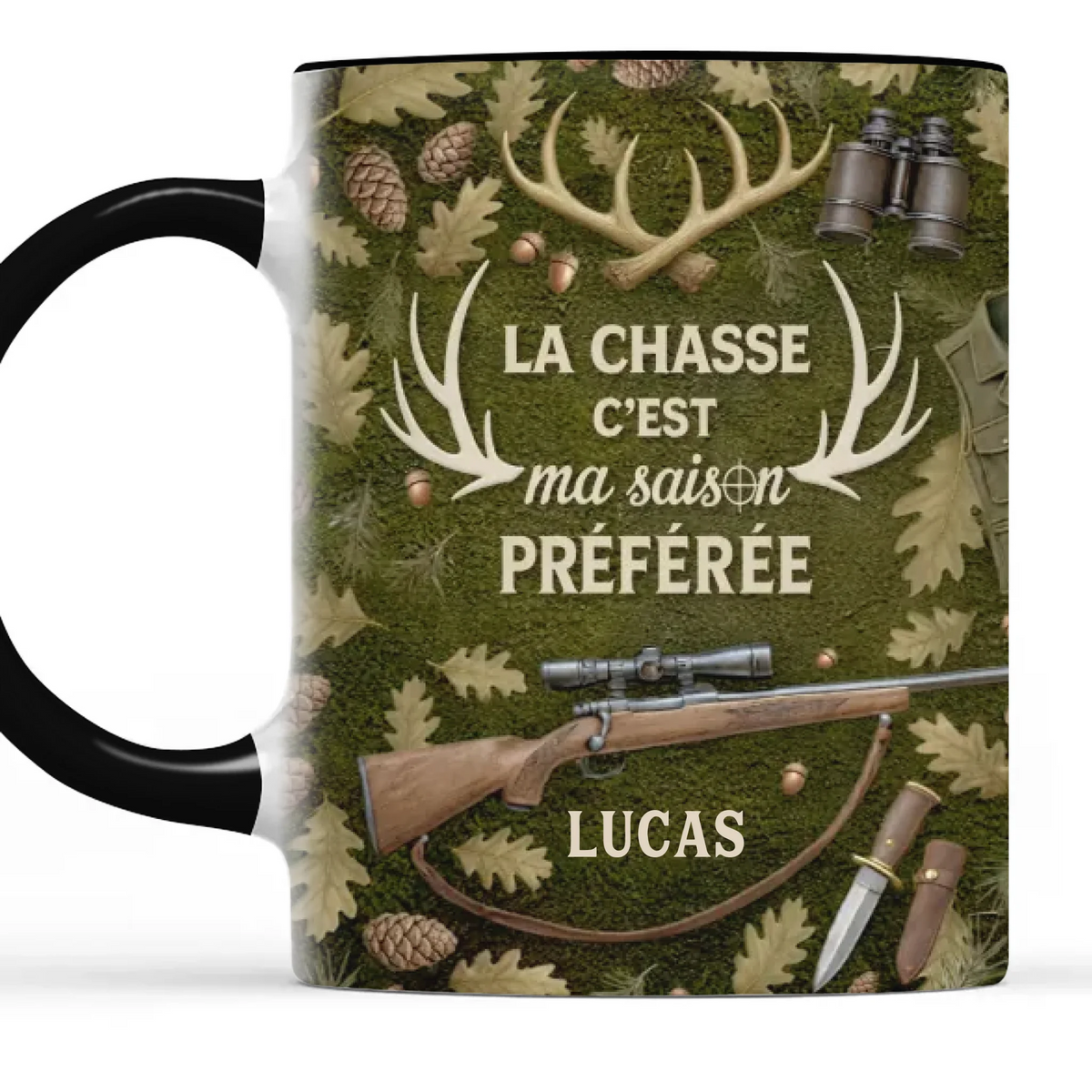 Mug Personnalisé Bicolore – Cadeaux D’Anniversaire Personnalisés Pour Chasseurs – La Saison De Chasse Ne S’Arrête Jamais