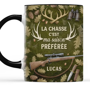 Mug Personnalisé Bicolore – Cadeaux D’Anniversaire Personnalisés Pour Chasseurs – La Saison De Chasse Ne S’Arrête Jamais
