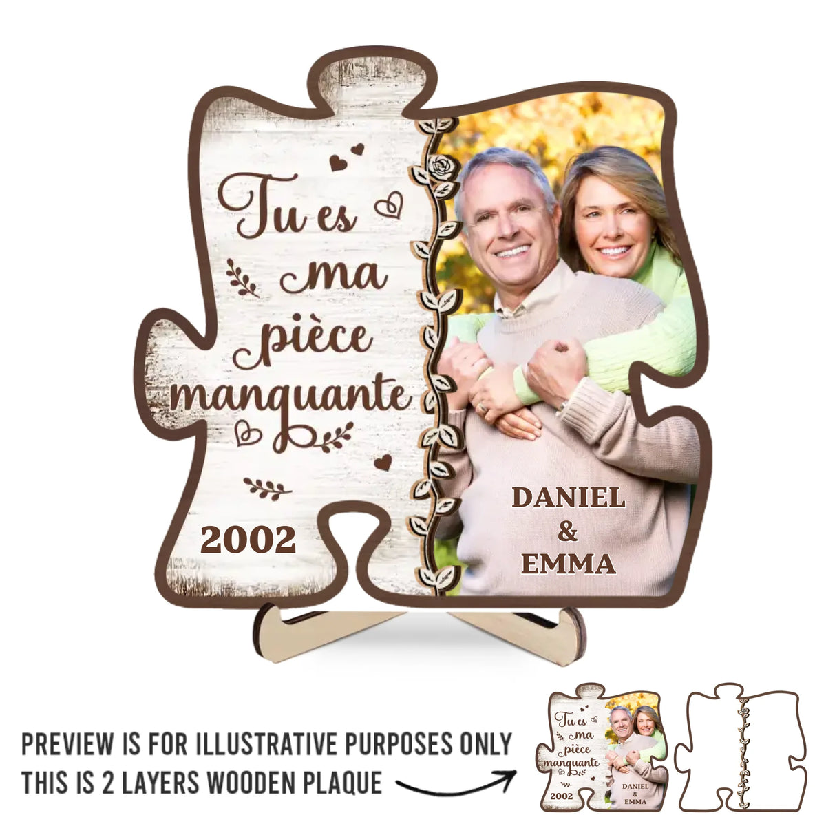 Plaque En Bois Personnalisée À Deux Couches Avec Photo Et Support – Cadeaux D’Anniversaire De Mariage Pour Mari Et Femme, Lui Et Elle – Deux Âmes Qui S’emboîtent Parfaitement